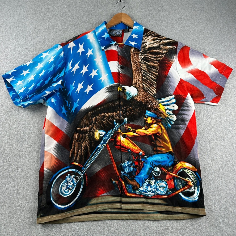 Sapphire Lounge Shirt Mens Large Biker American Flag Eagle Graphic Multicolor